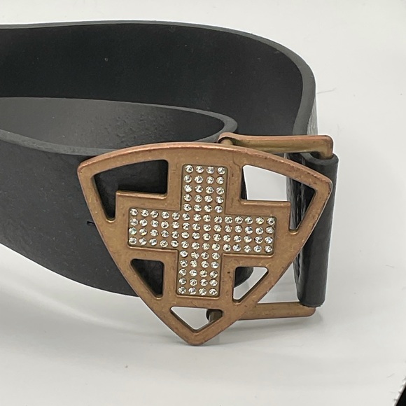 “POST CARD” 100% Black Leather Rhinestone Cross Belt Made In Italy. - Picture 2 of 7